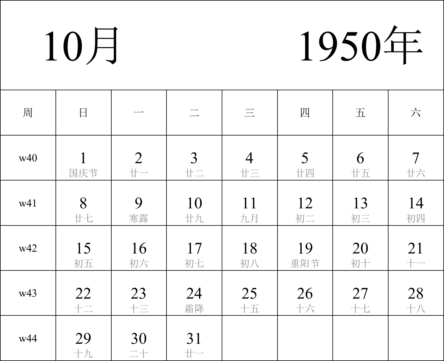 日历表1950年日历 中文版 纵向排版 周日开始 带周数 带农历